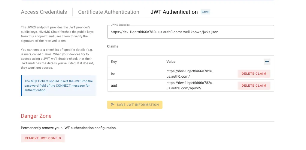 JWT Authentication inside of HiveMQ Cloud