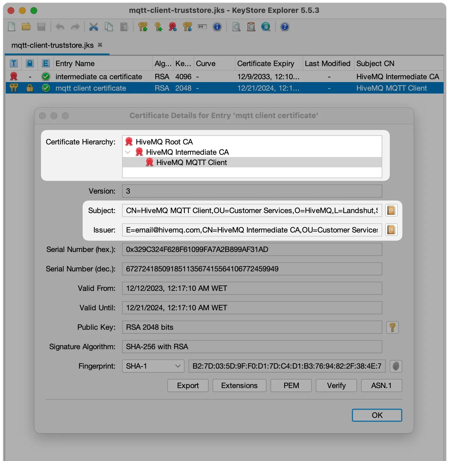 isualizing certificate hierarchy in KeyStore Explorer and the SAN extension.