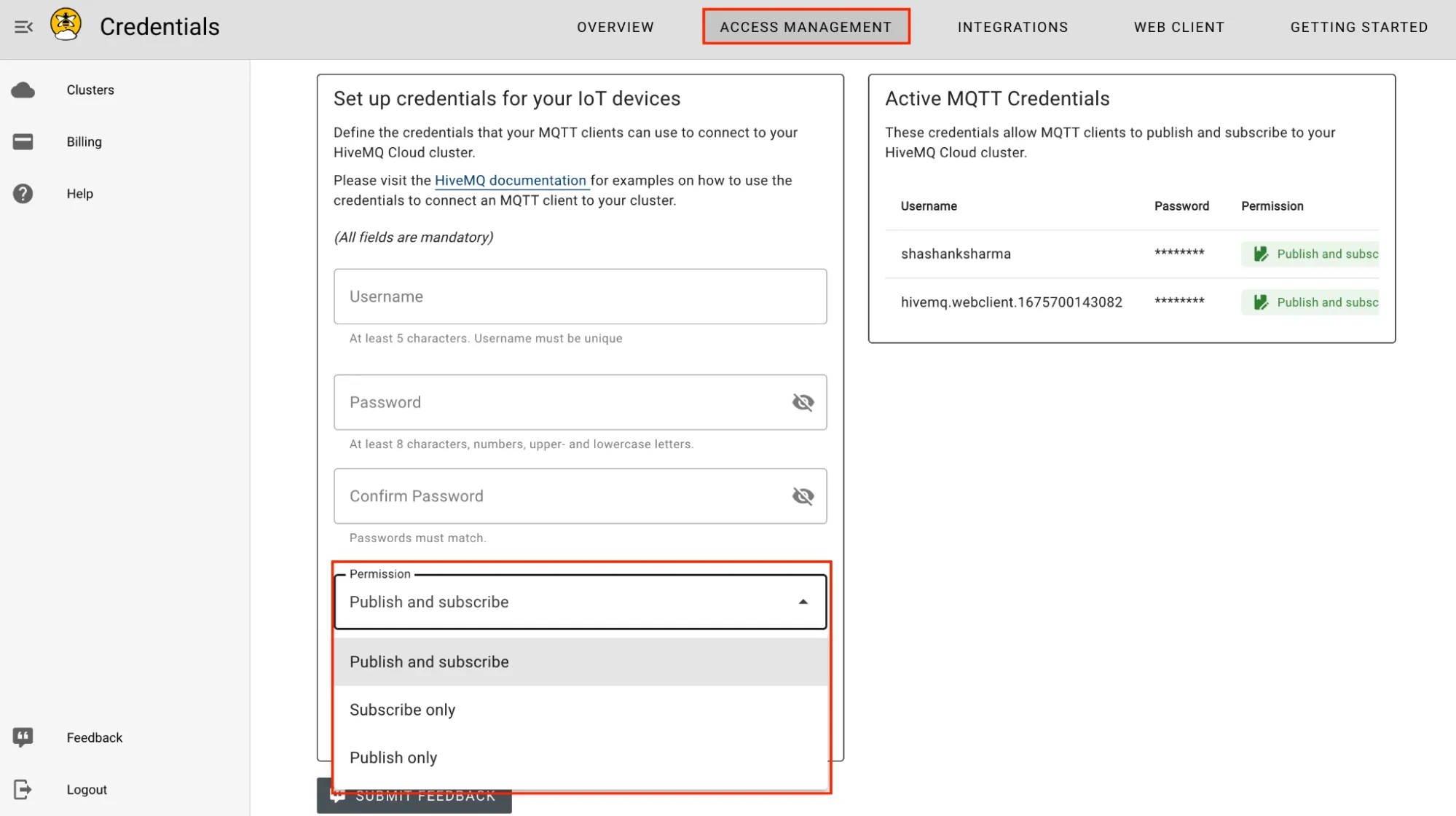 MQTT credentials can be set up under the access management tab