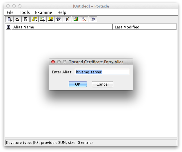 Alias for the server certificate in the client key store - HowTo configure TLS with HiveMQ and Portecle