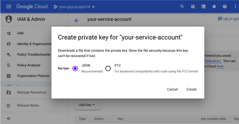 Download Google Cloud service account key