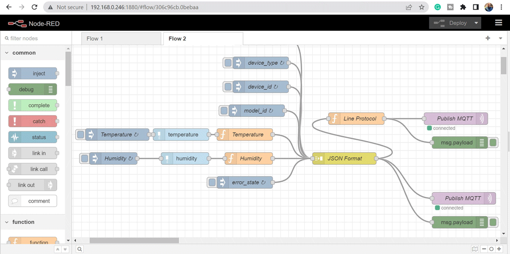 Node-Red flow collecting temperature and humidity data points