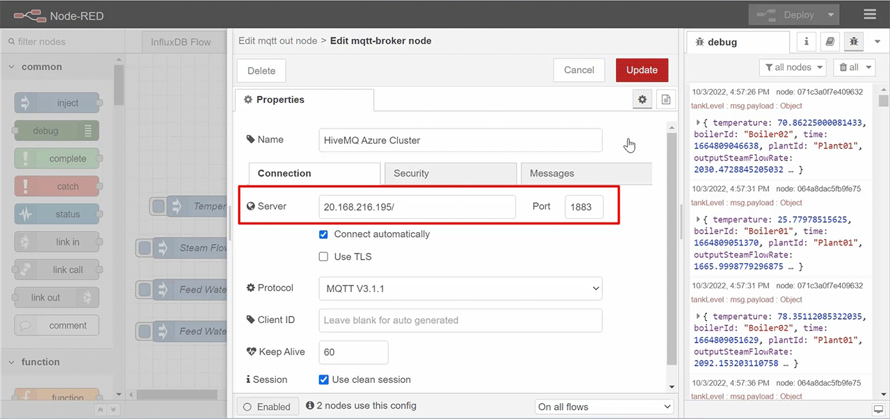 This is the screen that shows the MQTT client configuration on Node-Red