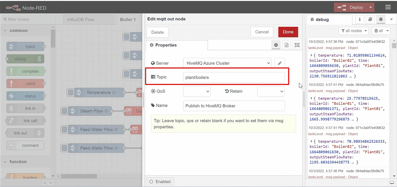 This is the screen for configuring MQTT topic on Node-Red