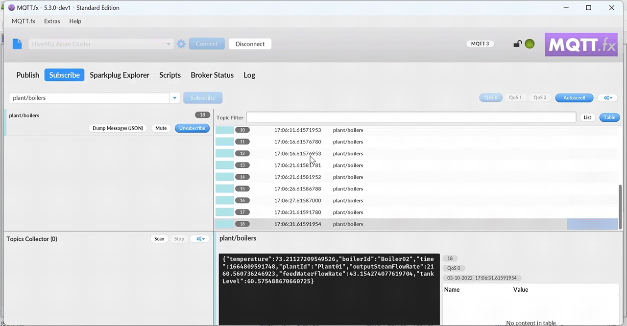 This is the screen that shows MQTT message reception on MQTT.fx