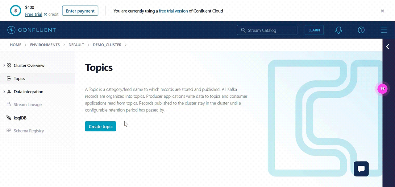 This is the screen that shows topic creation on Confluent Cloud