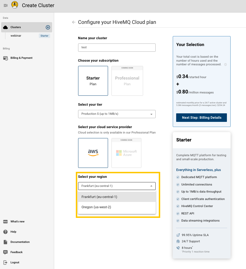 Creating the Cluster on HiveMQ Cloud