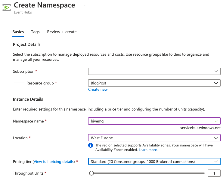 Create the Event Hubs namespace