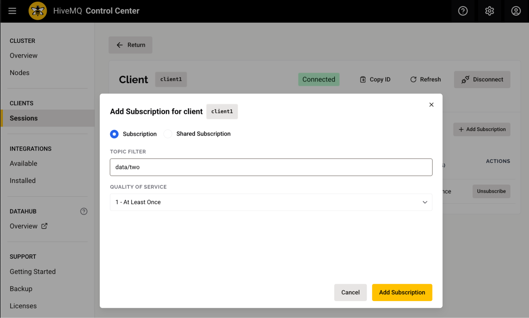 HiveMQ 4.43 Control Center v2 Add Client Subscription
