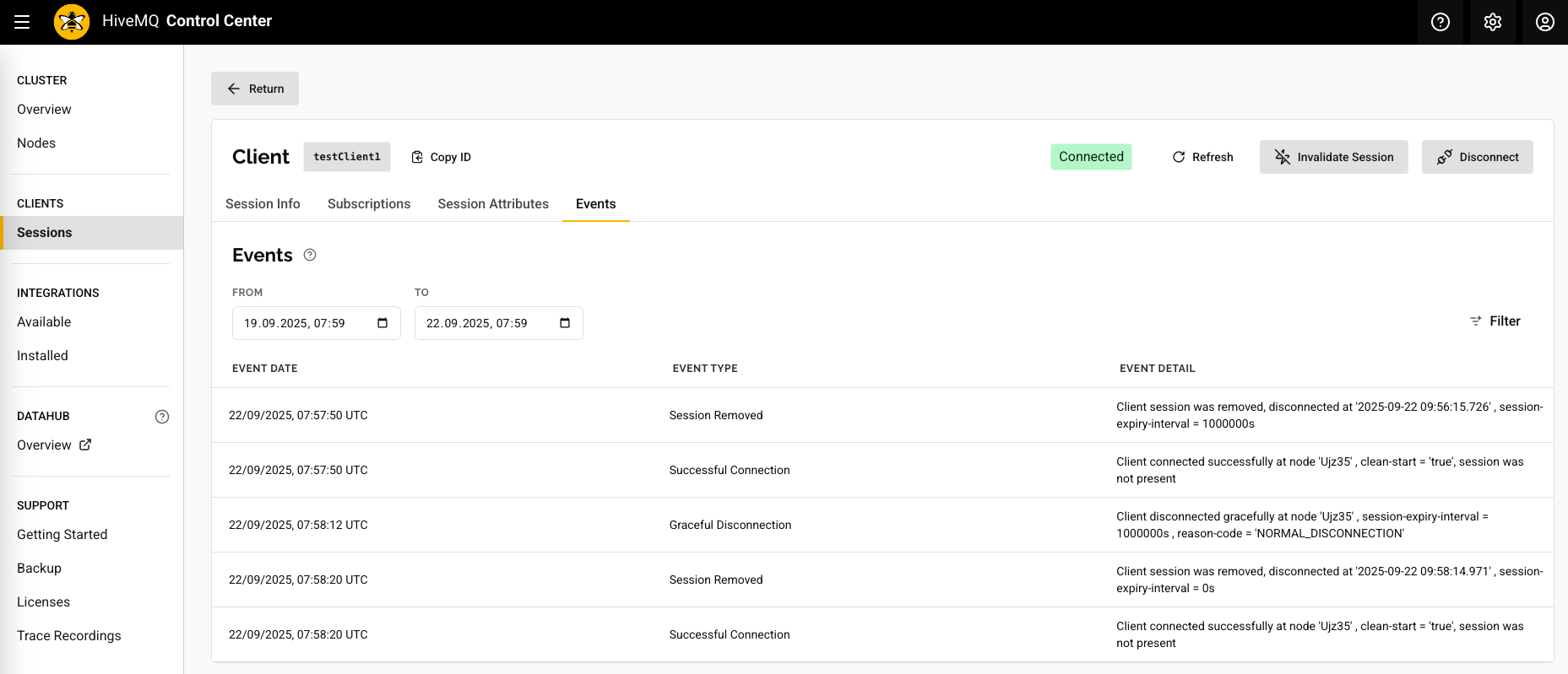HiveMQ 4.44 Control Center v2 Client Events Tab