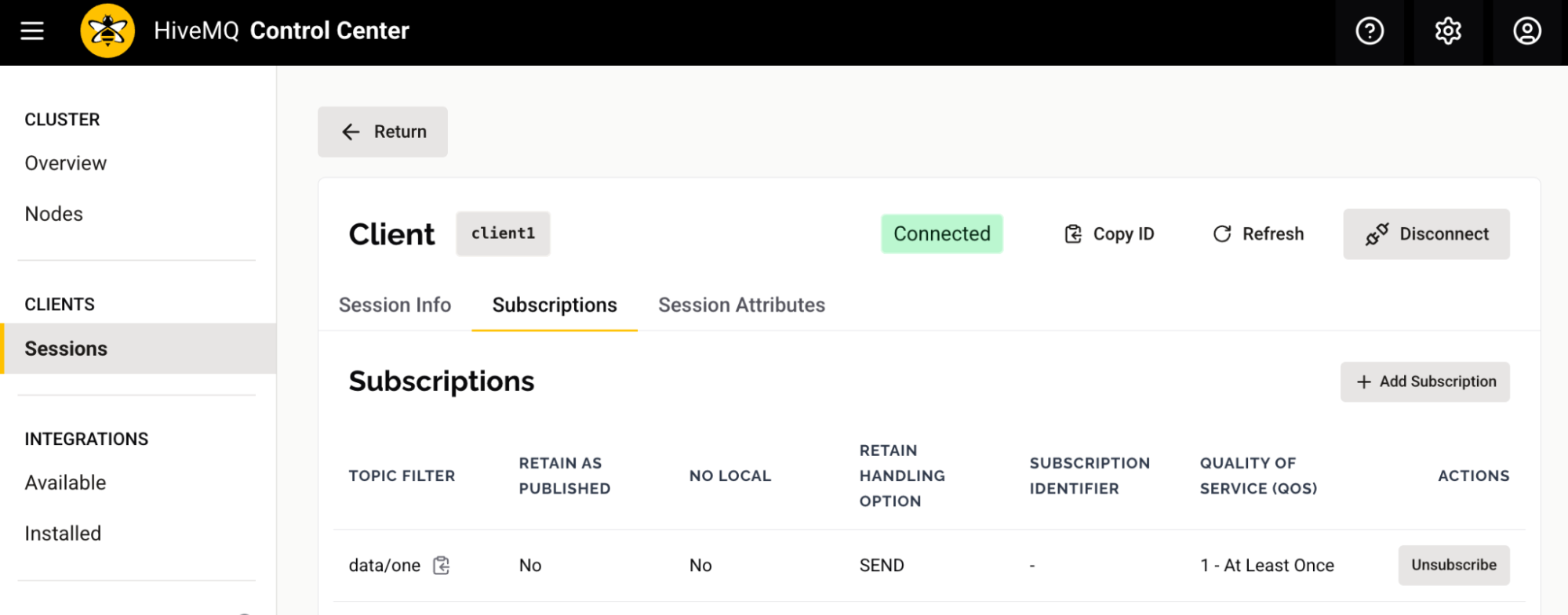 HiveMQ 4.43 Control Center v2 Client Subscriptions Tab
