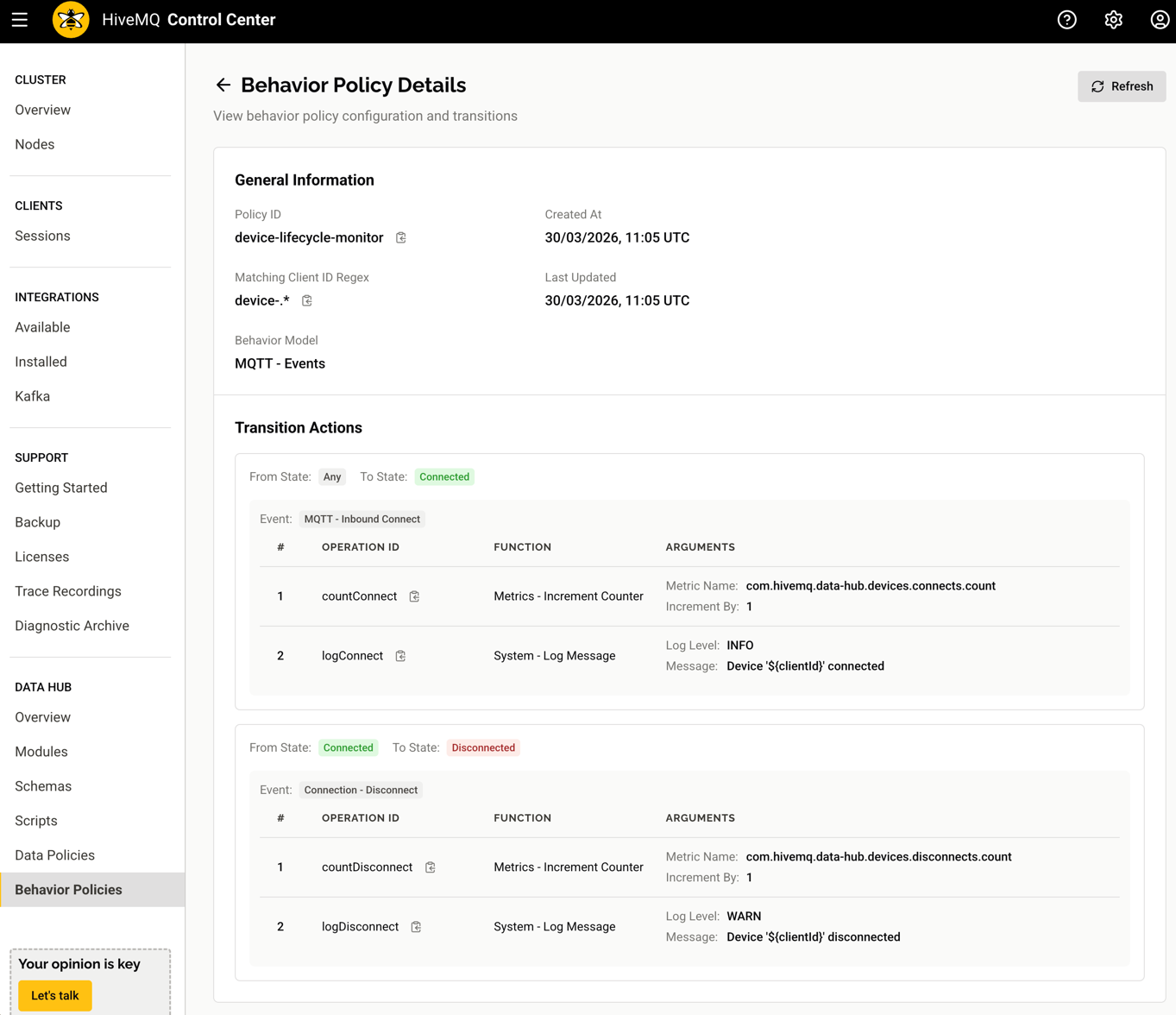 Data Hub Behavior Policy Details view in HiveMQ Control Center v2
