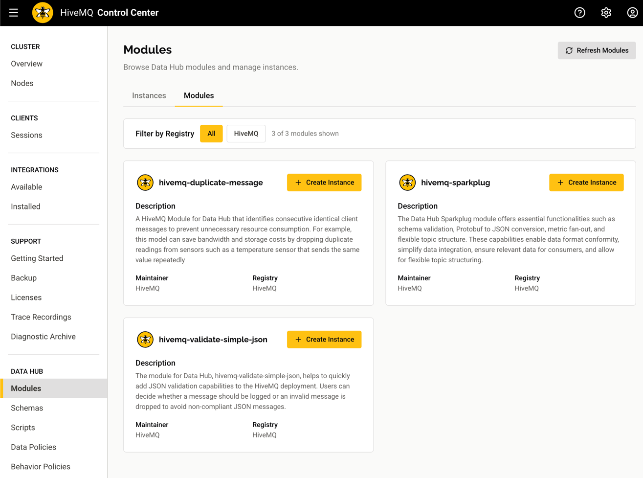 HiveMQ Control Center v2 Data Hub Modules view