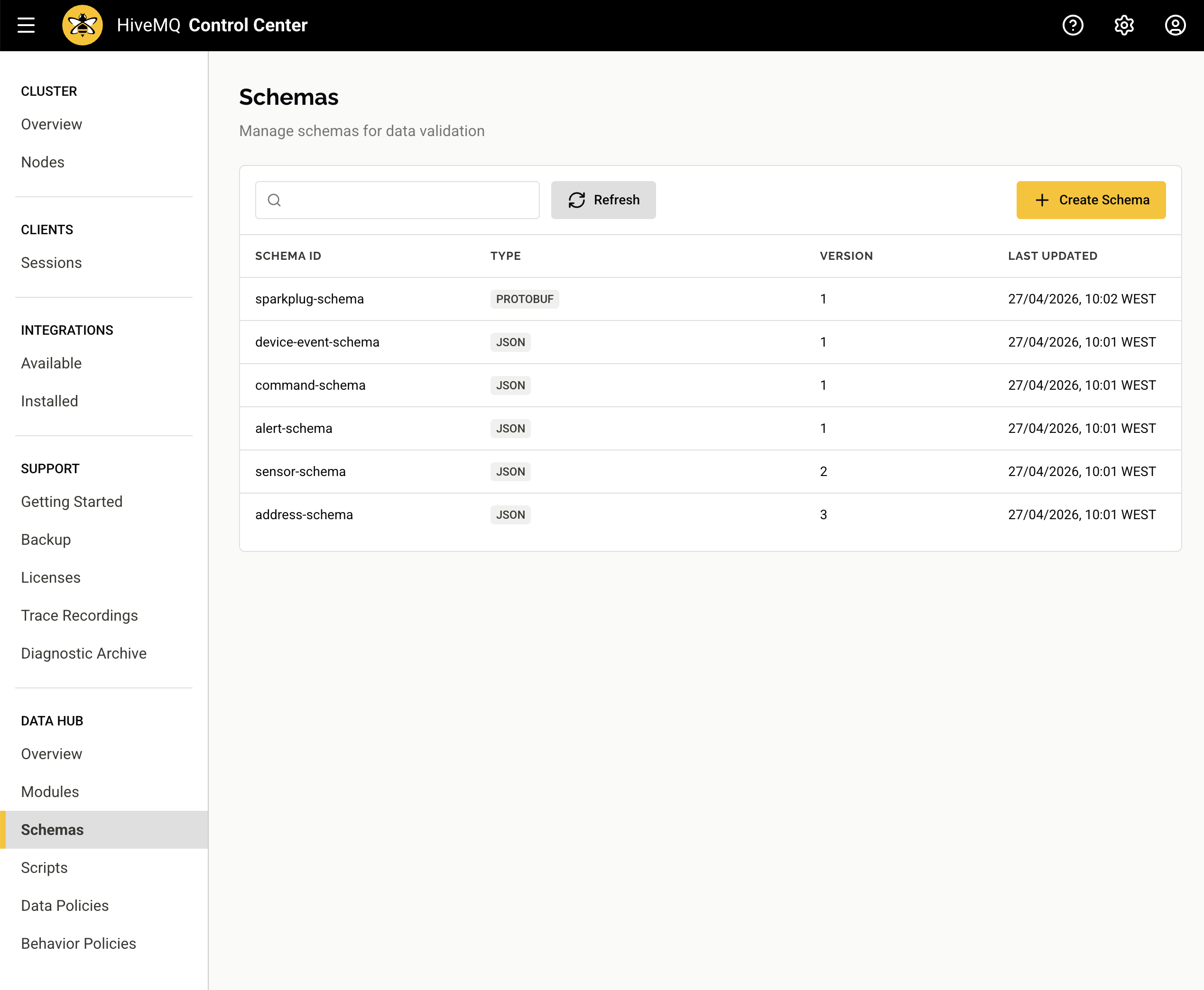 Schemas list view in the Data Hub section of HiveMQ Control Center v2
