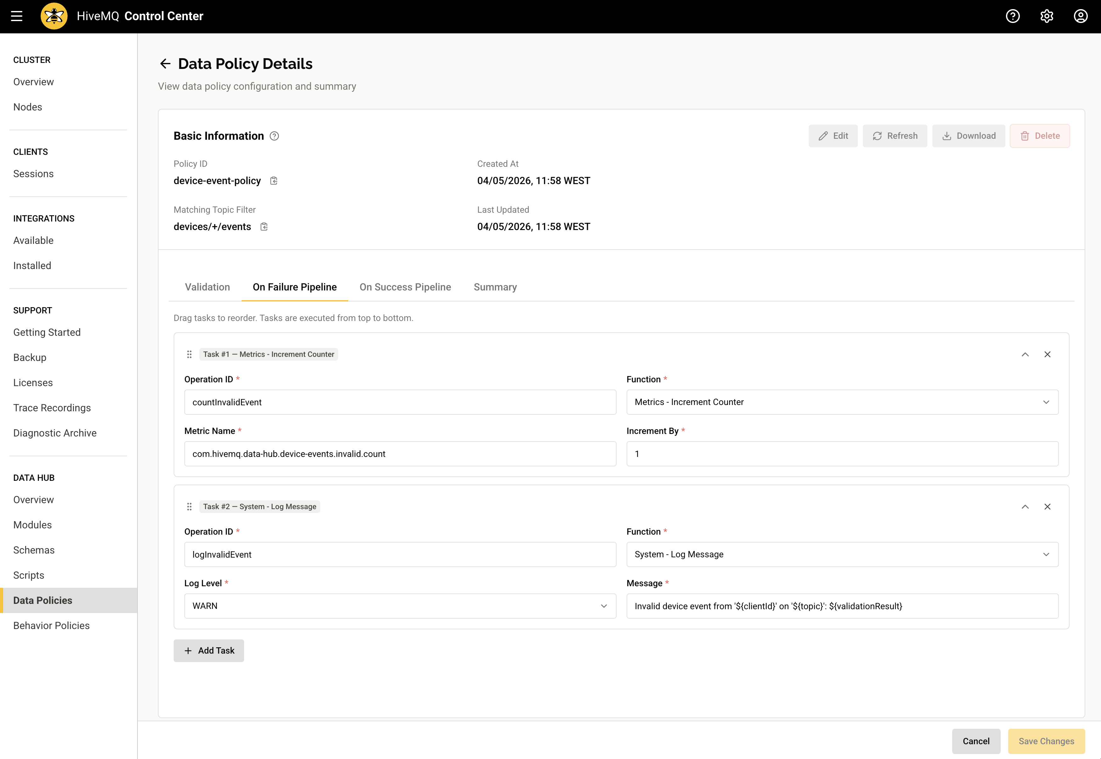 Data policies edit page in HiveMQ Control Center v2