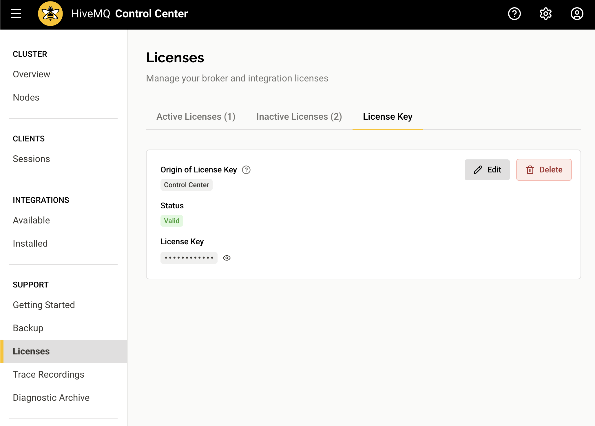 License Key tab in the Licenses view of HiveMQ Control Center v2