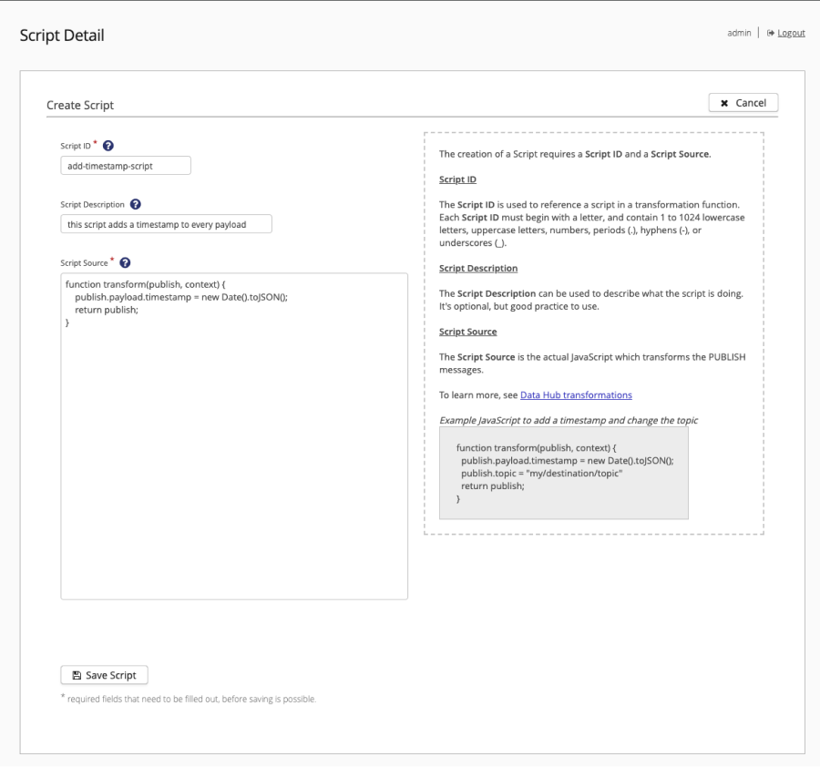 Data Hub Scripts Detail - Create