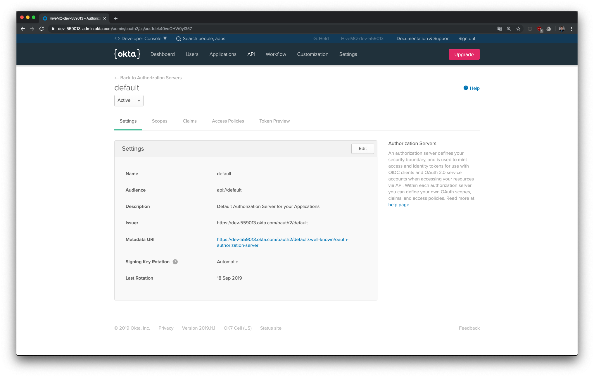 Press Edit Default authorization server settings