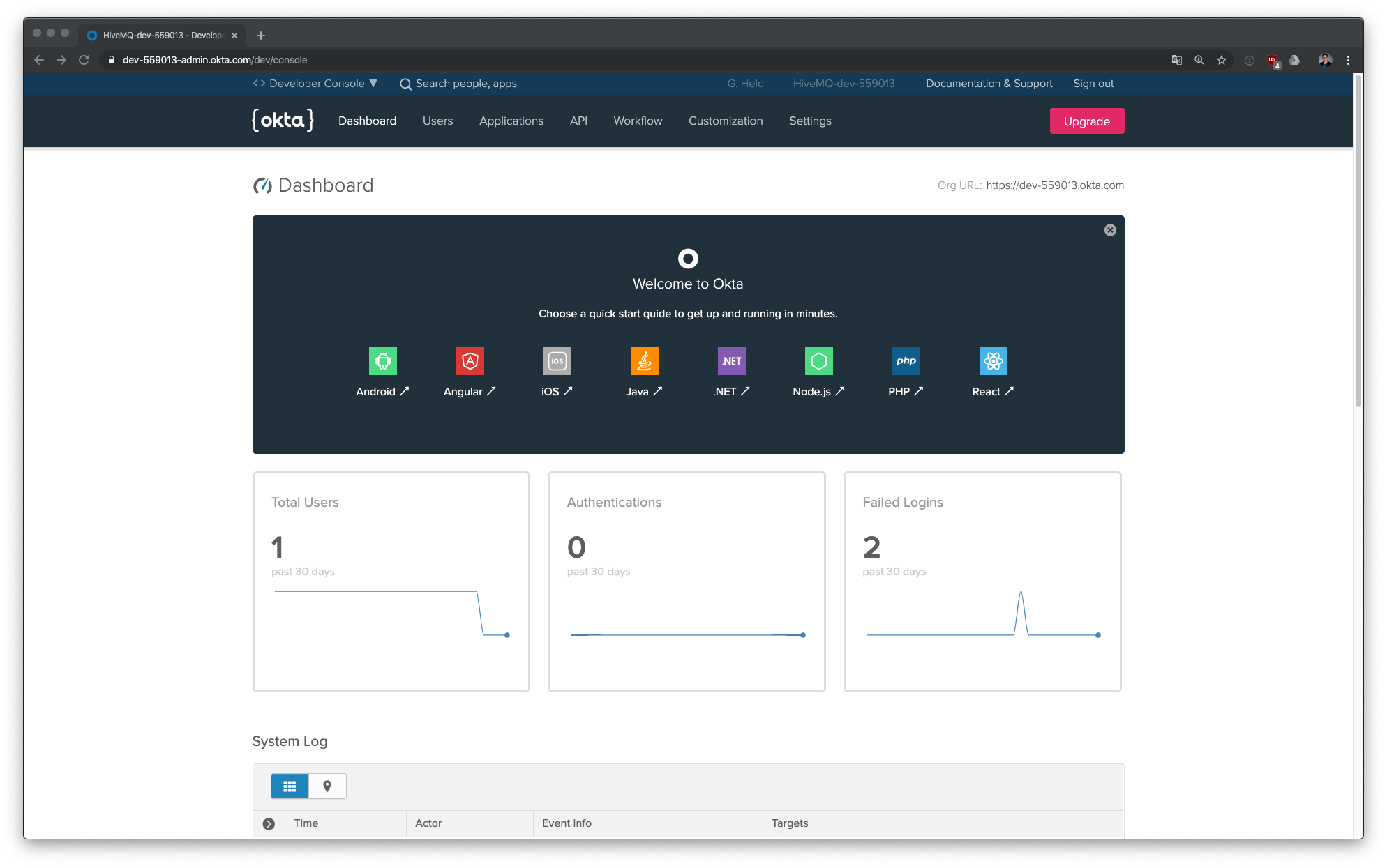 Note the subdomain in the top right corner Okta developer console dashboard