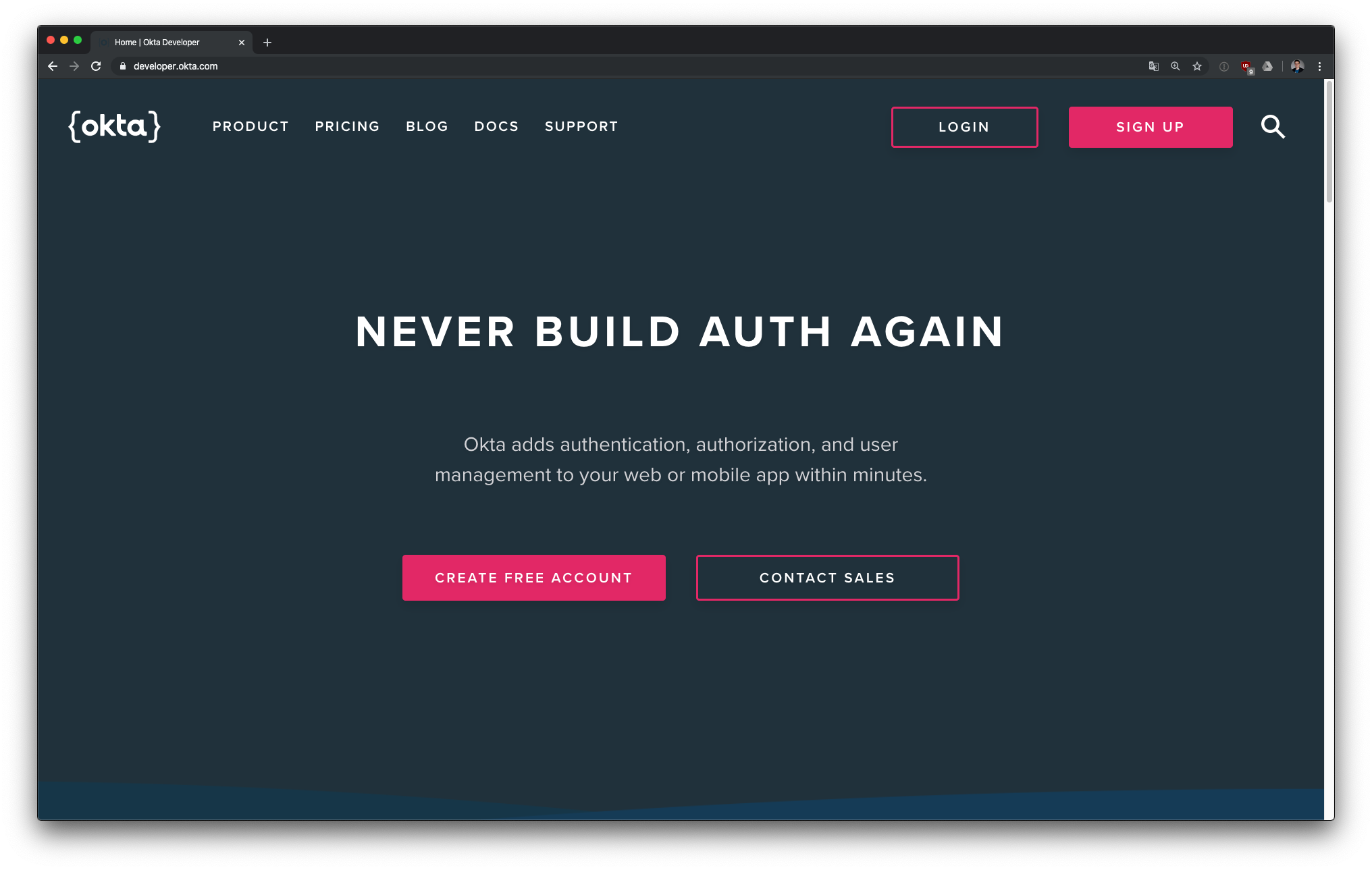 Press Create free Account Okta developer landing page