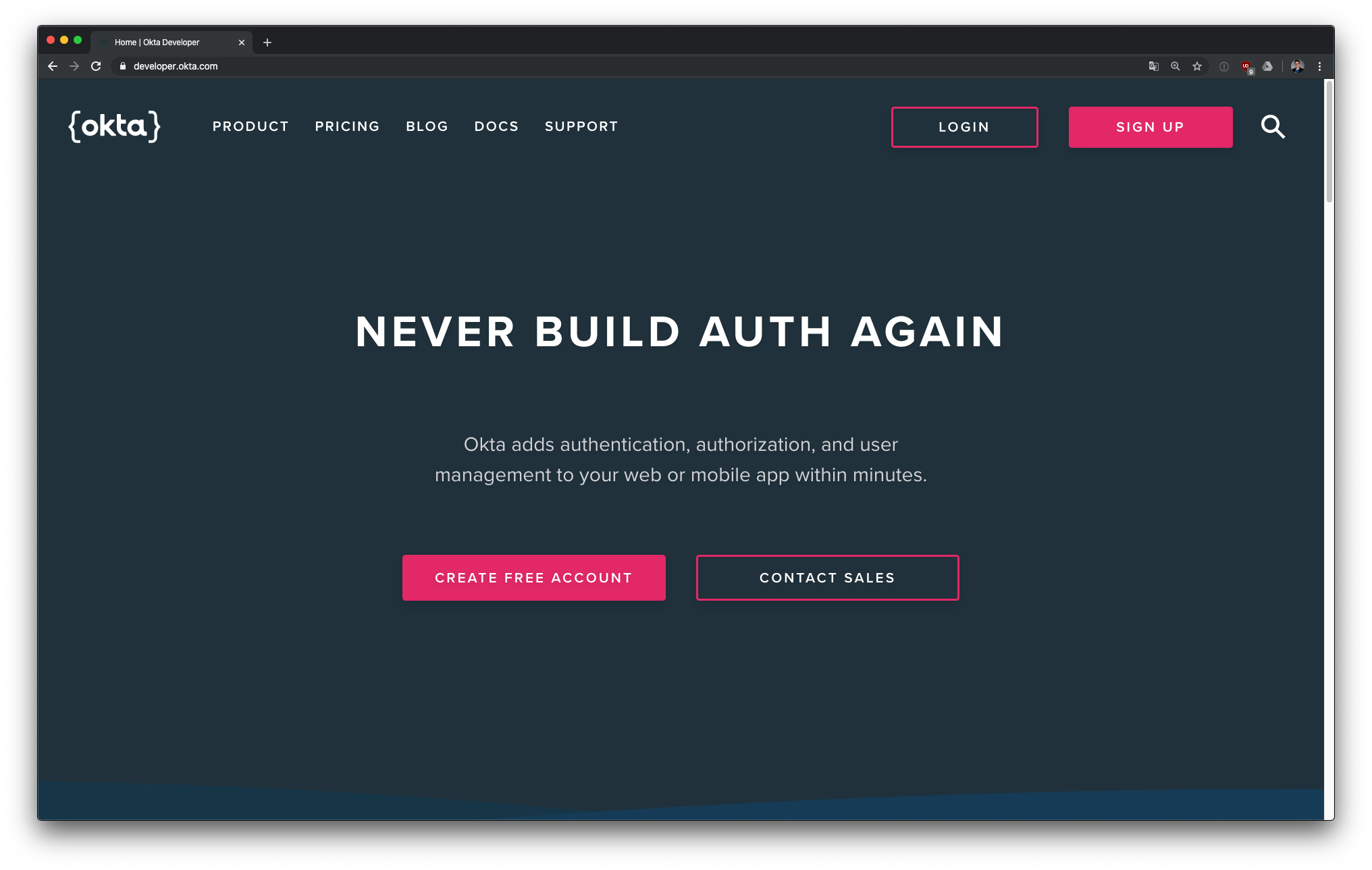 Okta developer landing page