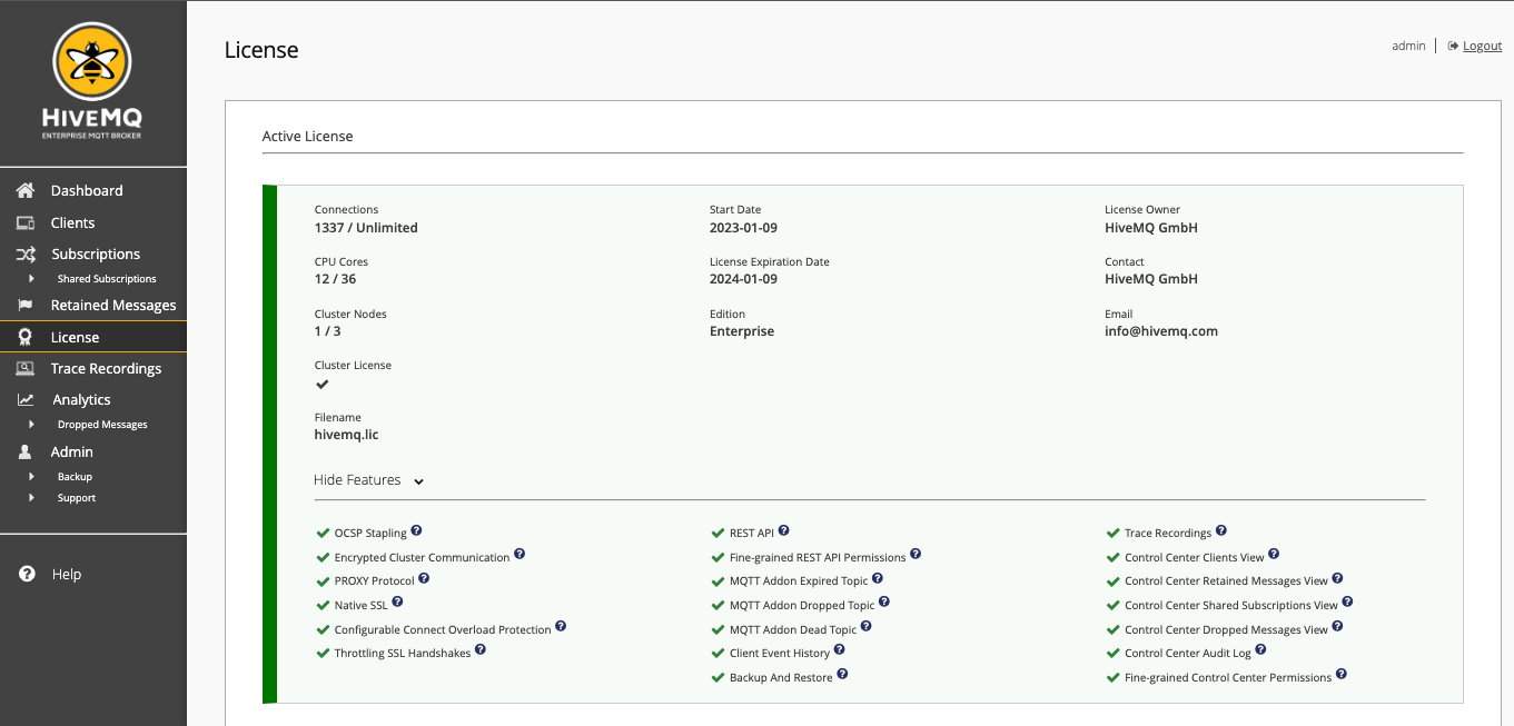 HiveMQ Control-Center License View