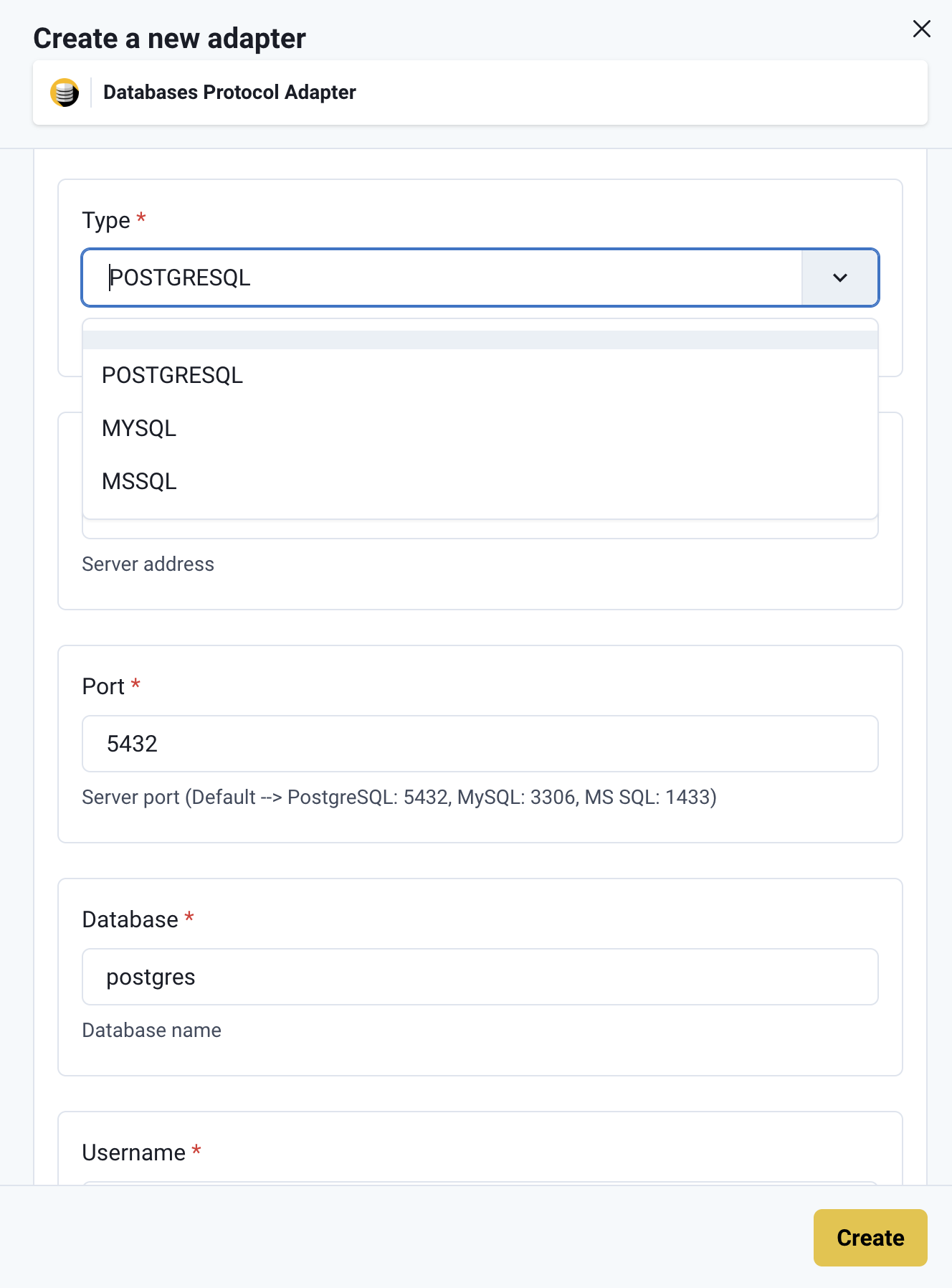 Databases Protocol Adapter fill in connection details