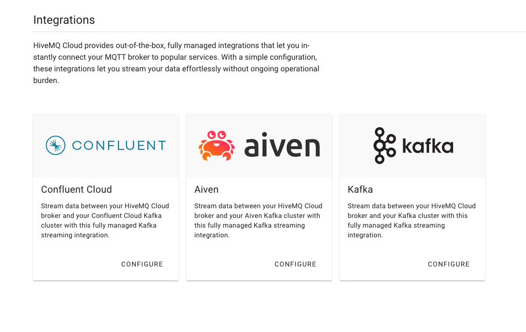 HiveMQ Cloud integration with Confluent Cloud and Aiven Kafka services
