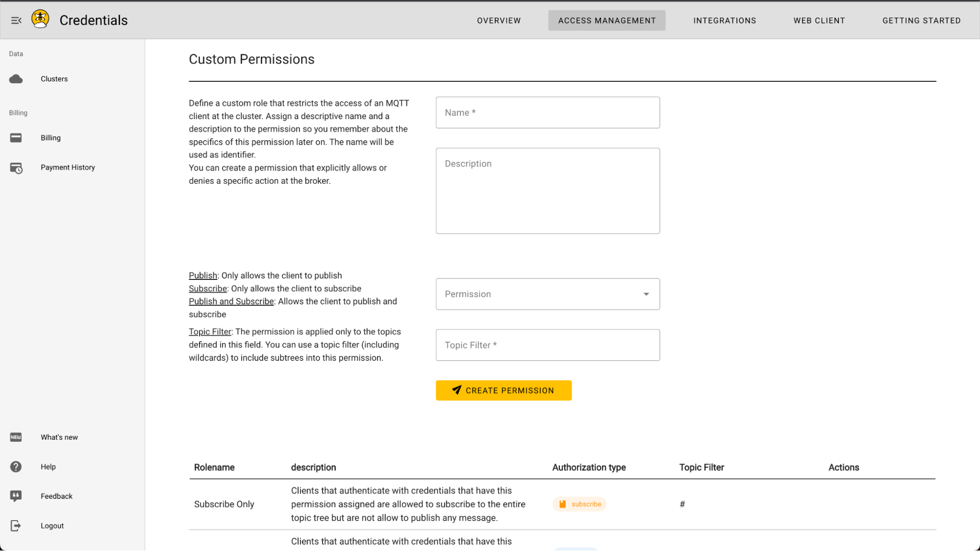 HiveMQ Cloud Custom Permissions User Interface 