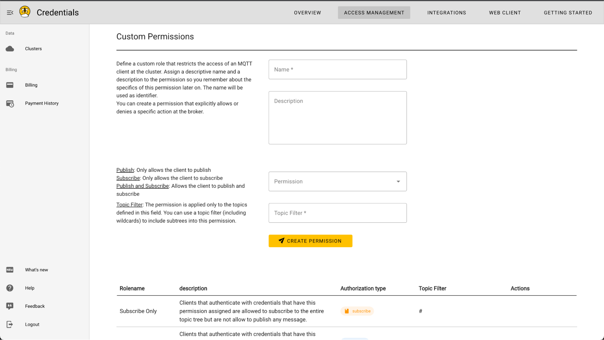 HiveMQ Cloud Custom Permissions User Interface