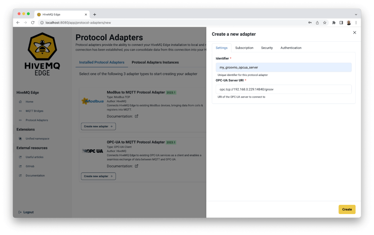 HiveMQ Edge OPC UA adapter