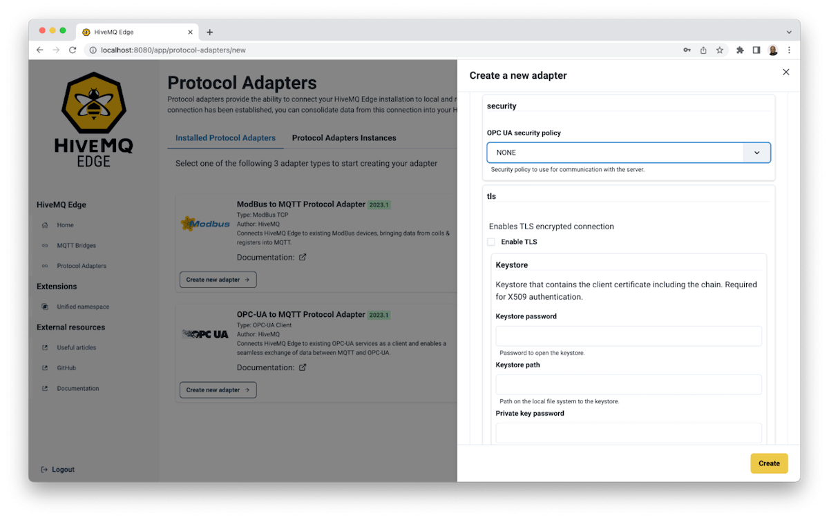 HiveMQ Edge Security Settings