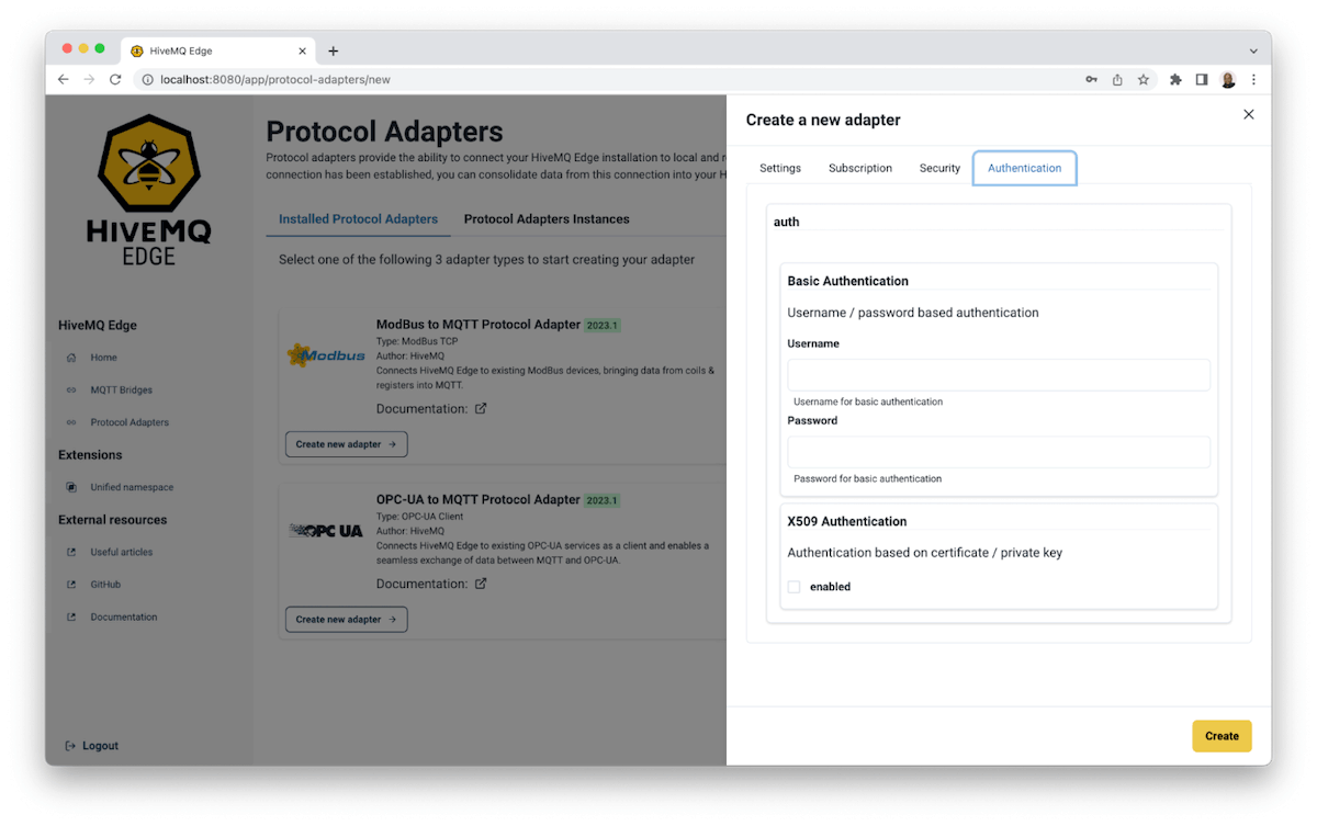 HiveMQ Edge OPC-UA server's authentication information