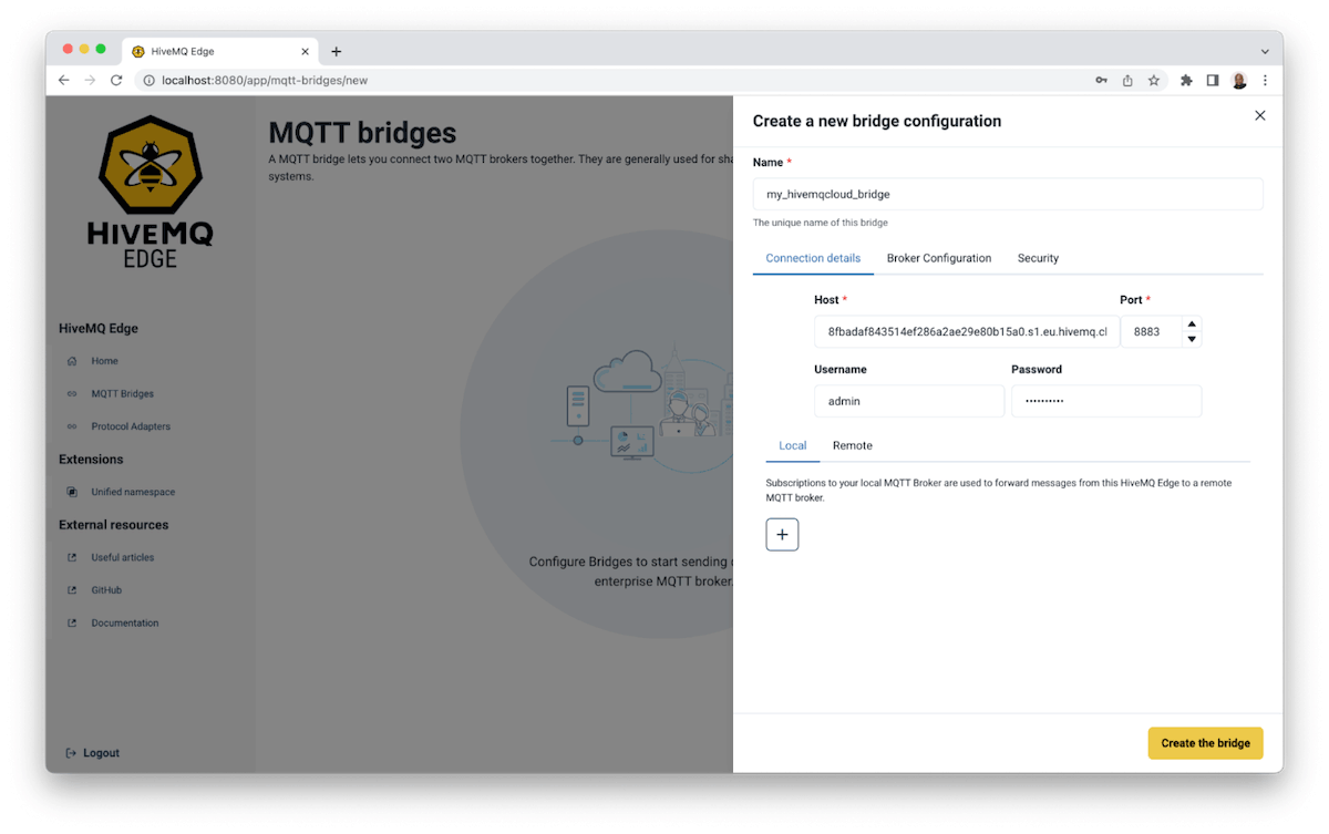 Adding HiveMQ Edge MQTT bridge connection