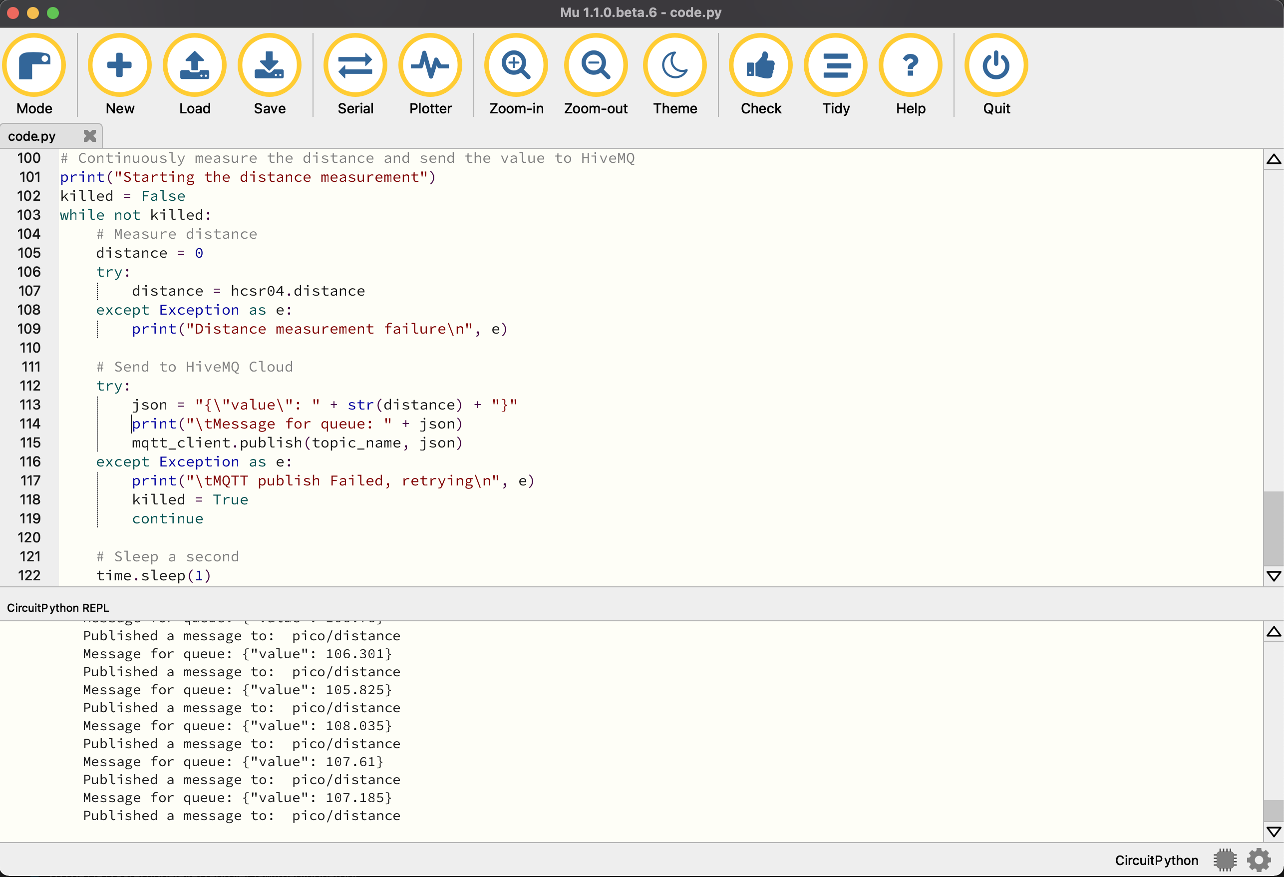 Mu editor with a view for both code and output of the board