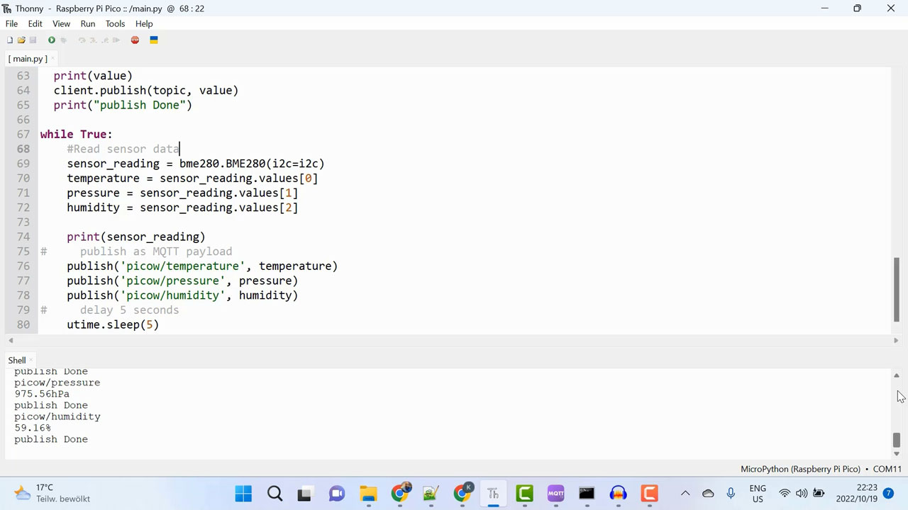 Running and publishing the bme280 sensor data to the MQTT broker