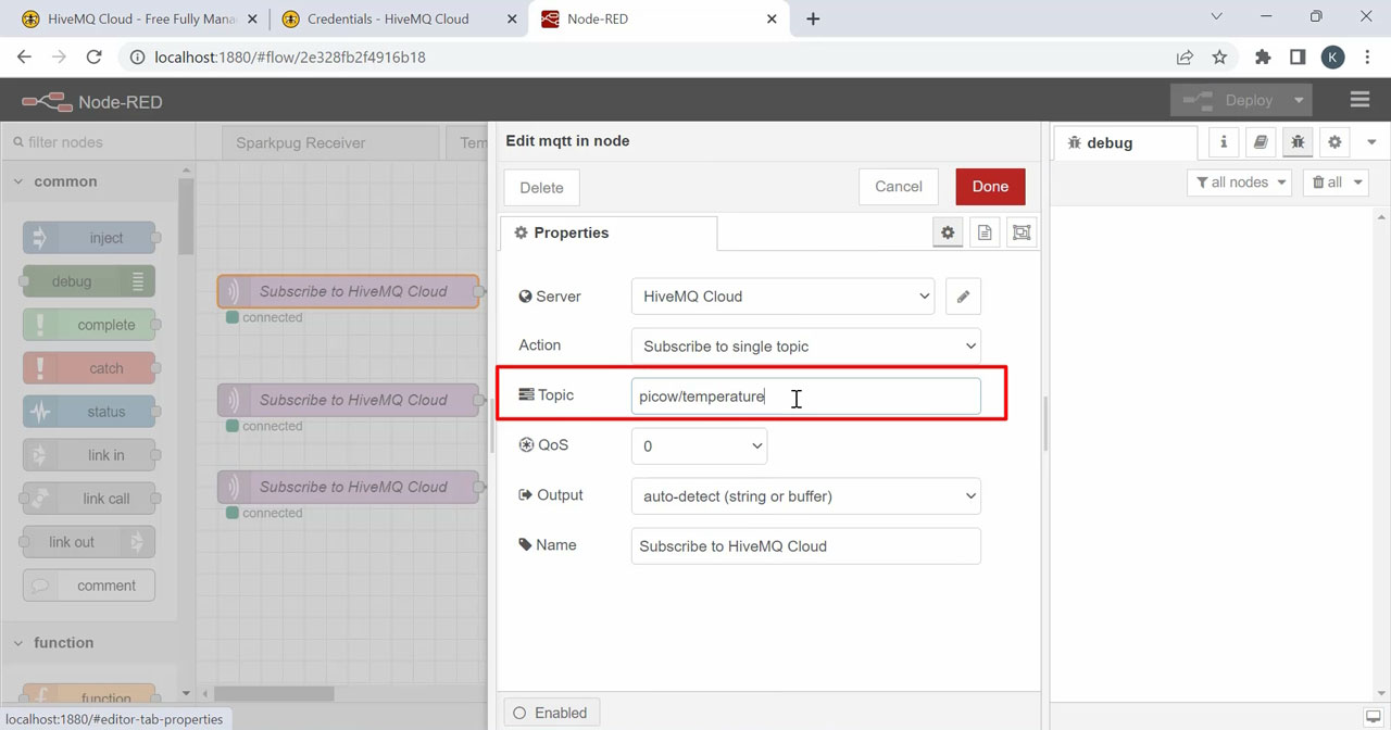 Subscribing to Sensor data on Node-Red