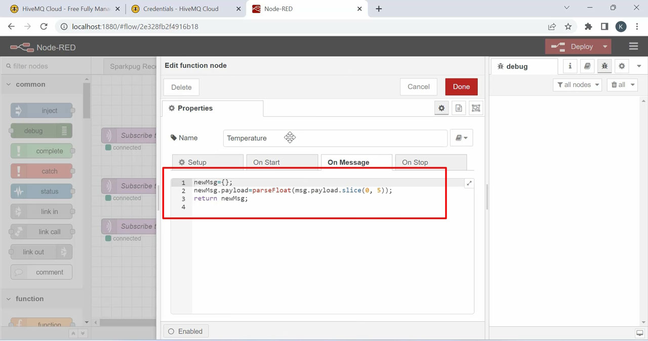 Passing the MQTT Payloads to Function Blocks on Node-Red