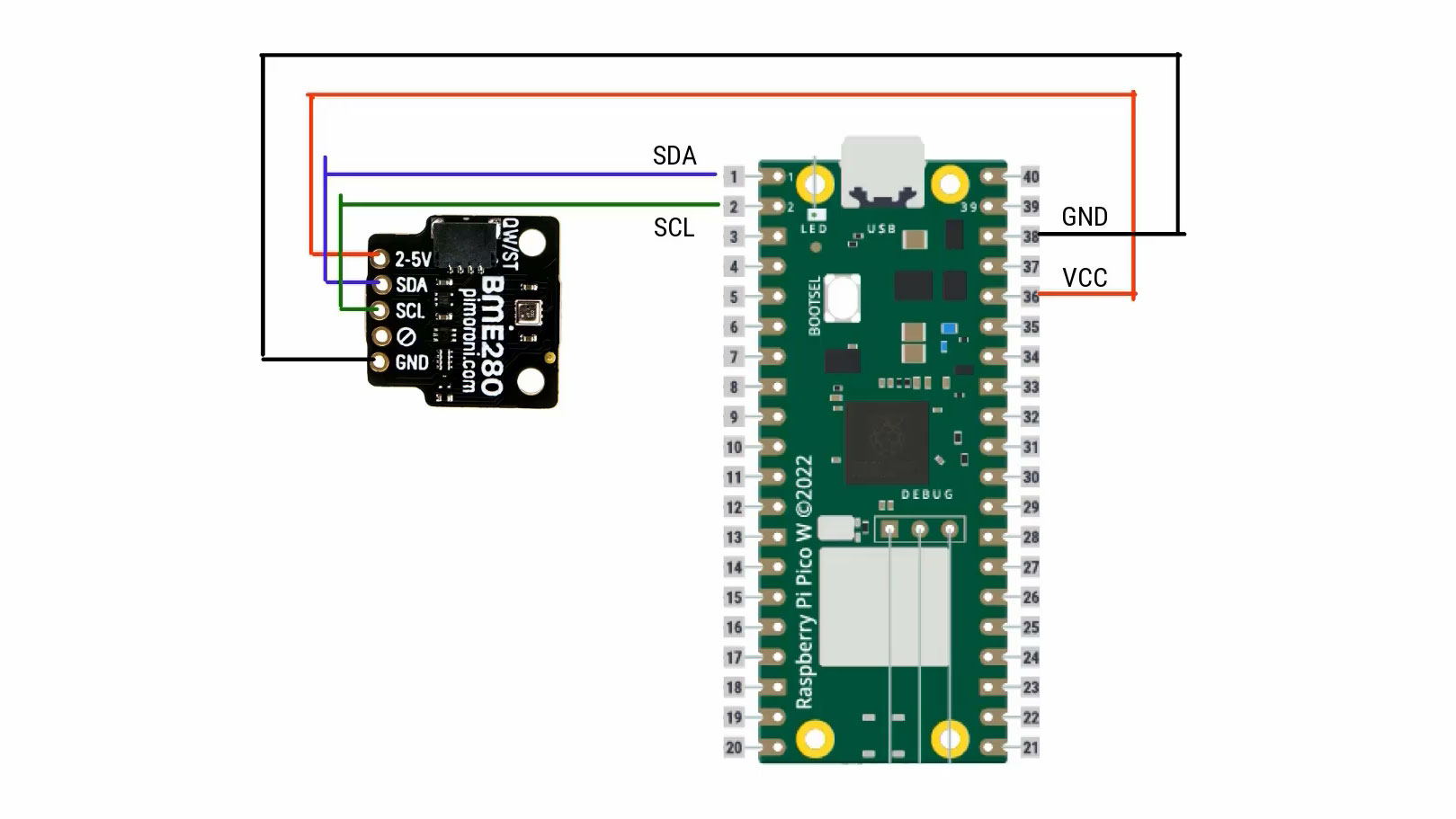 Illustrations of connections between BME280 to the Pico W