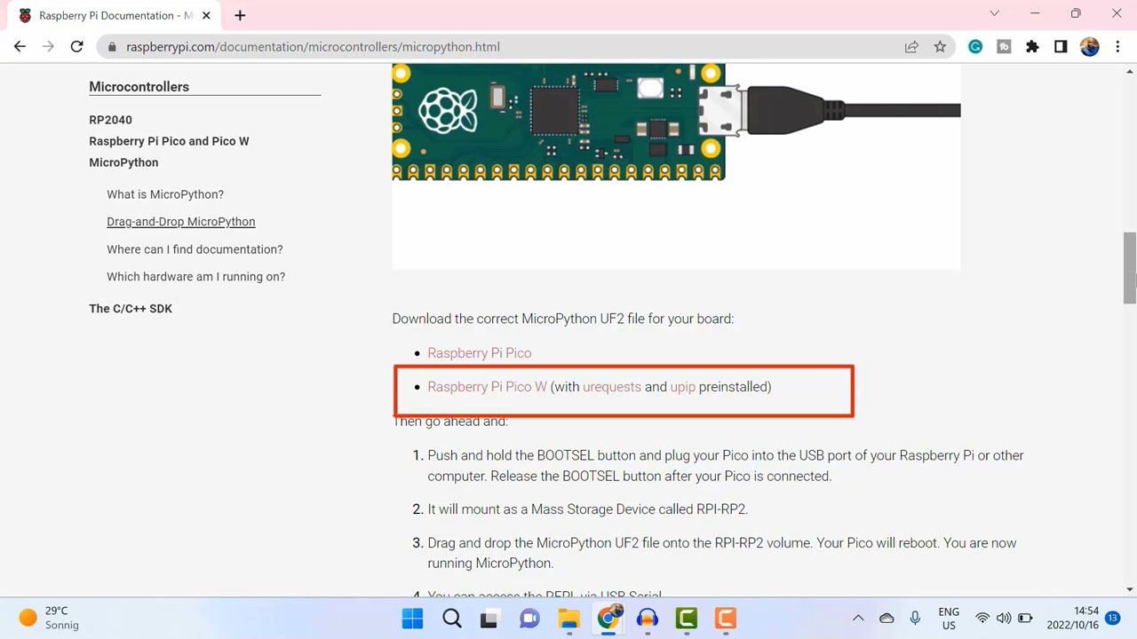 Instructions to download the Raspberry Pi Pico W on Raspberry Pi documentation