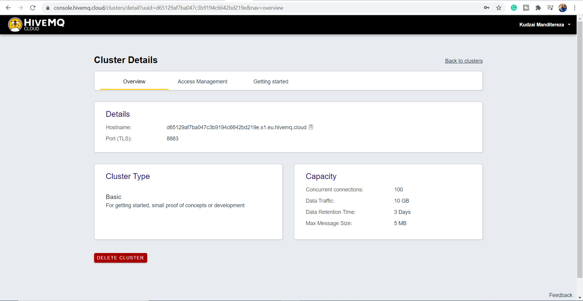 HiveMQ Cloud Cluster Details HiveMQ Cloud Cluster Details
