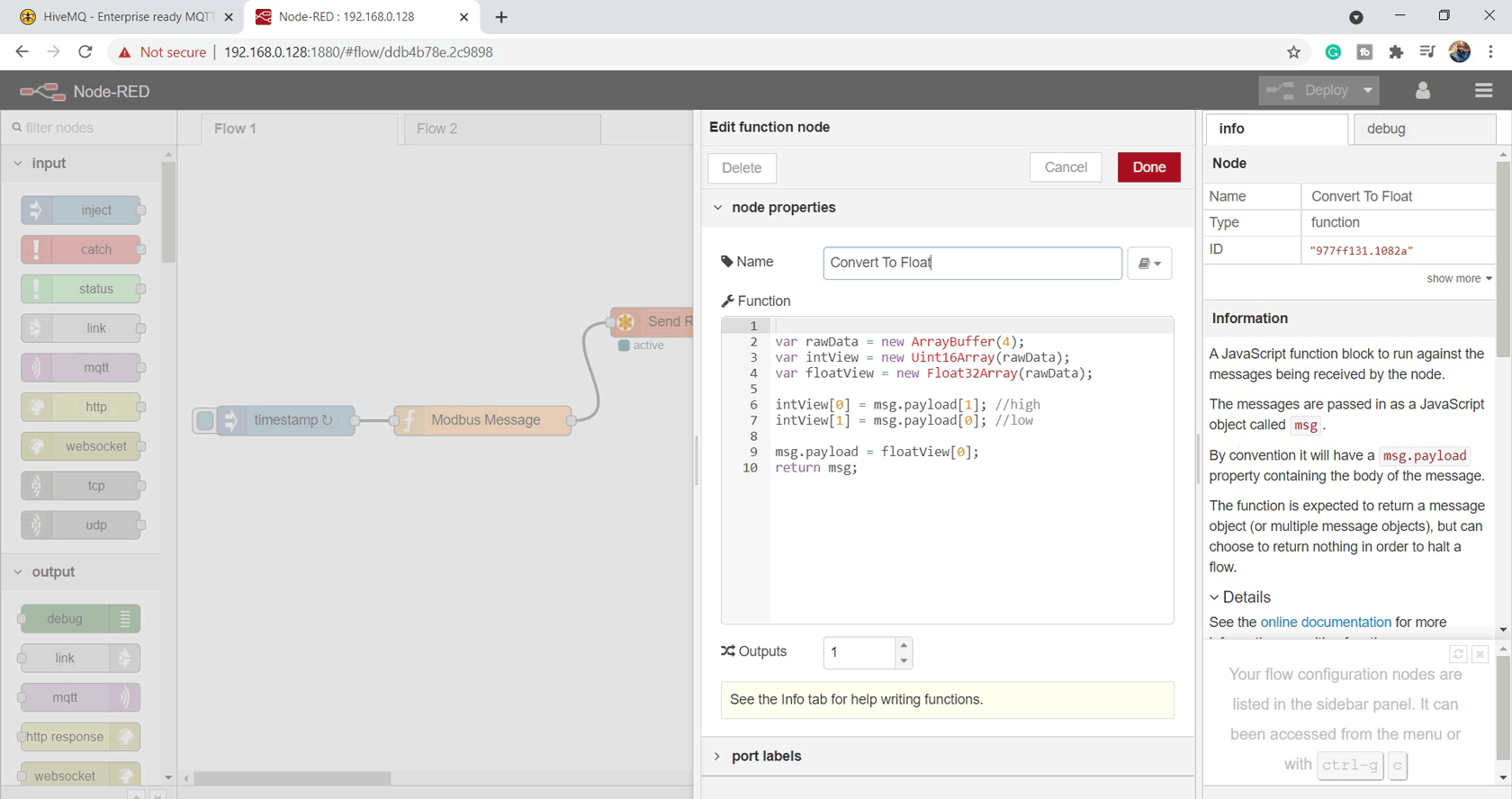 Node Red edit Function Node