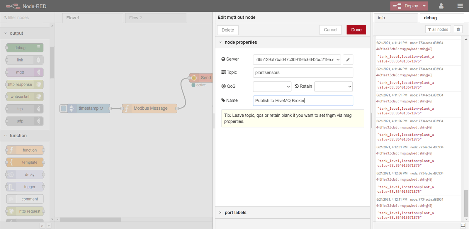 Edit MQTT Out Node Edit MQTT Out Node