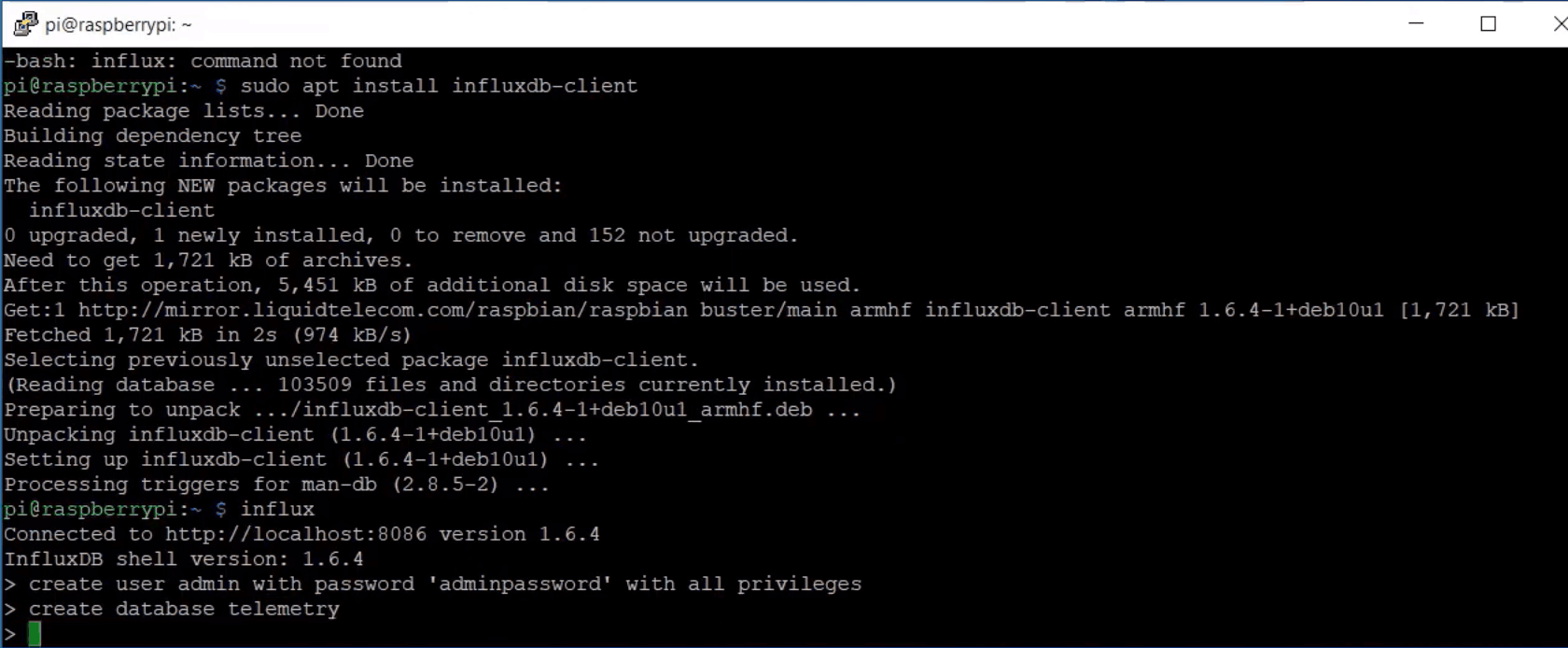 Create database called telemetry