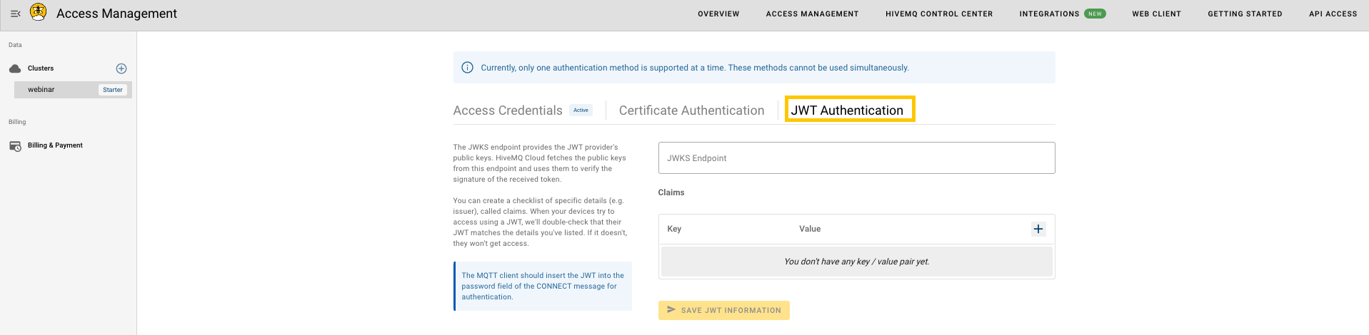 Creating JWT Authentication under HiveMQ Cloud Starter's Access Management