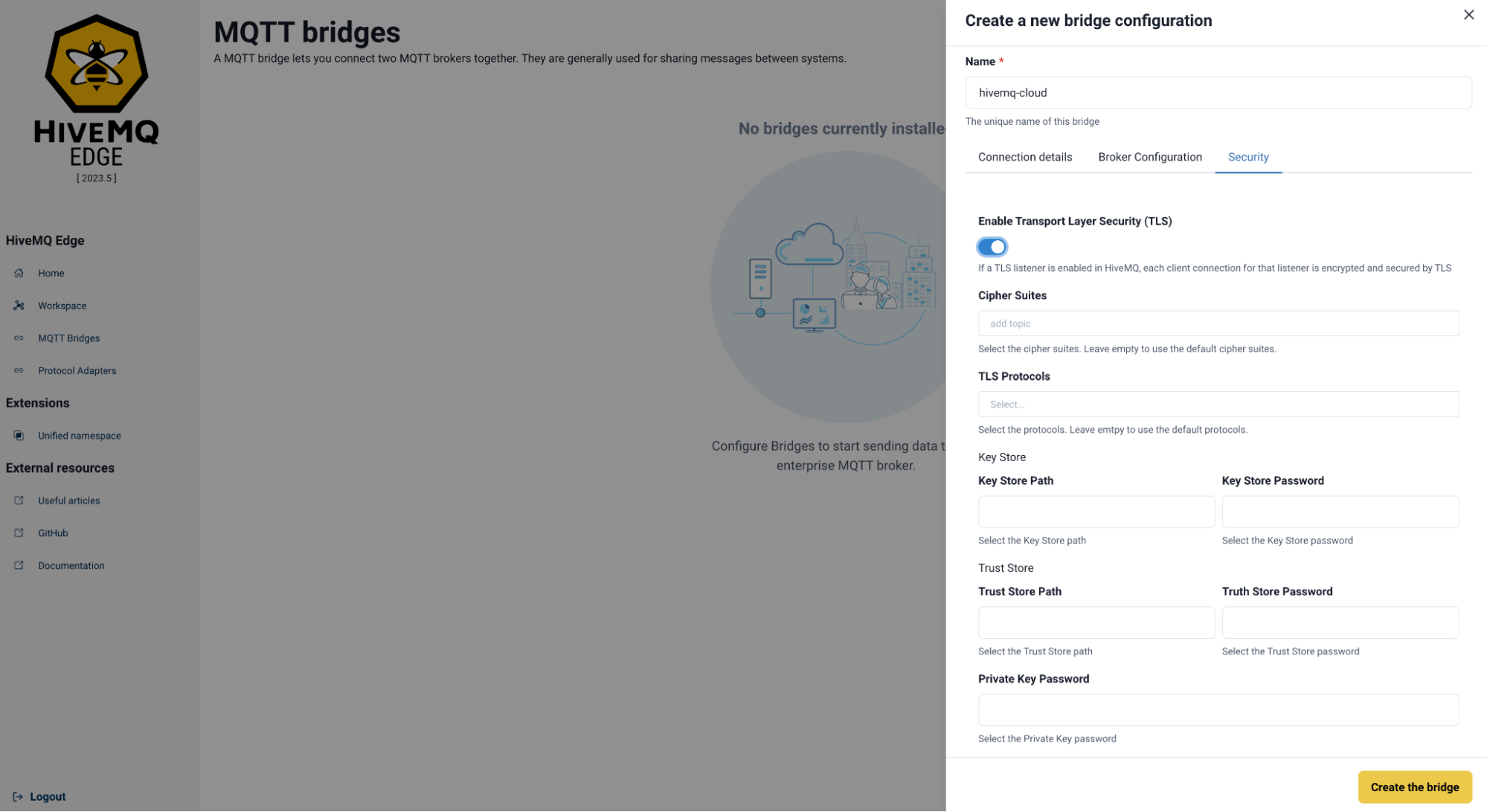 Proceed to Security After HiveMQ Edge and HiveMQ Cloud Bridge Connection