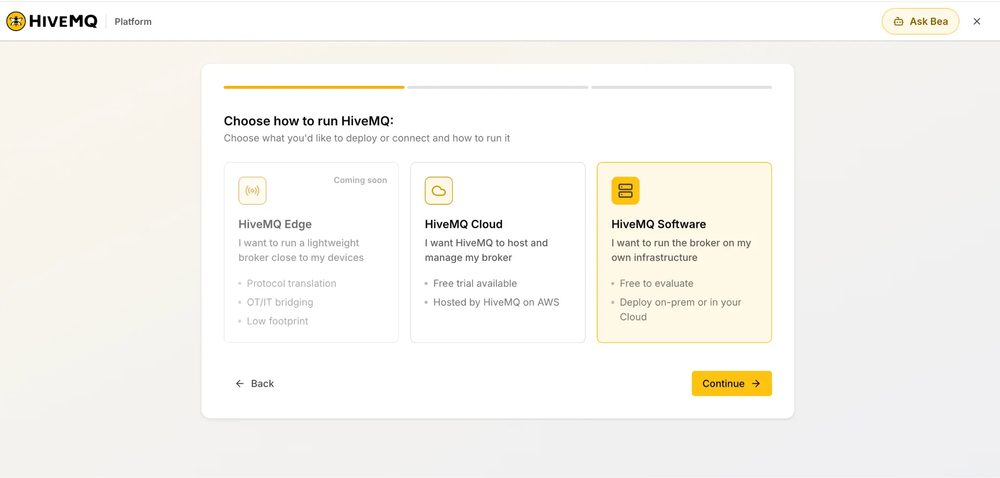 Choose how to run HiveMQ screen with HiveMQ Edge, HiveMQ Cloud and HiveMQ Software options, with HiveMQ Software selected
