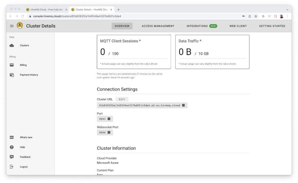 HiveMQ Cloud Cluster Details Overview