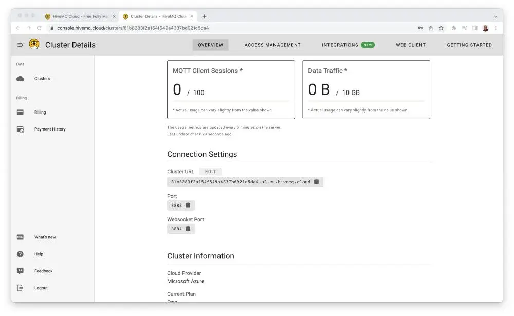 HiveMQ Cloud Cluster Details Overview