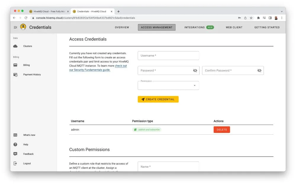 MQTT broker access credentials
